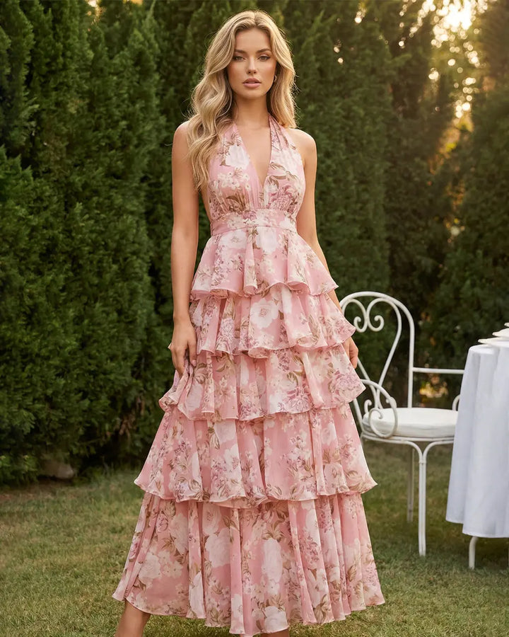 Pink Floral Print Halter Neck Deep V Tiered Ruffle Maxi Dress SOLACE