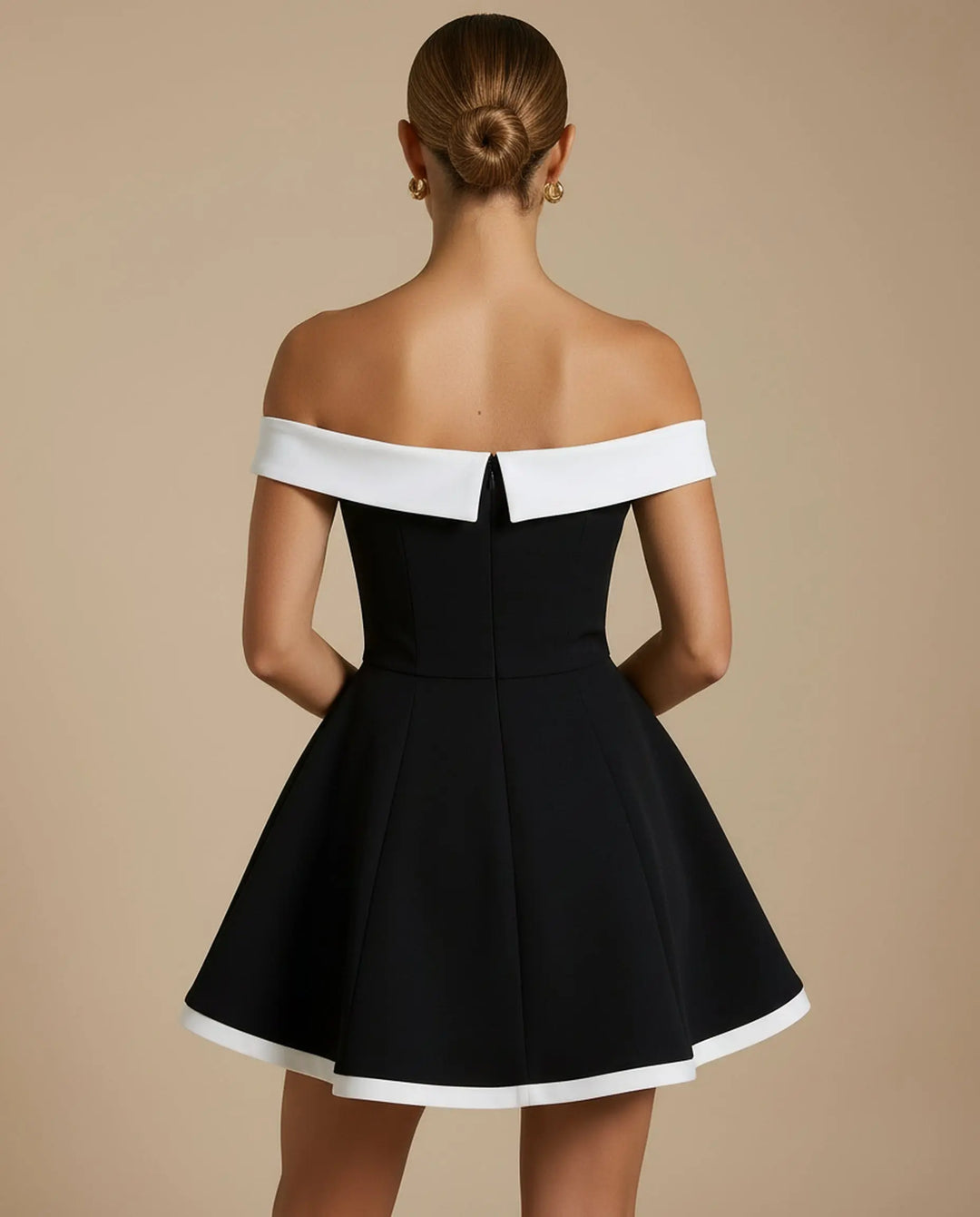 SOLACE  Black Colorblock Off-Shoulder High Waist Flare Mini Dress 