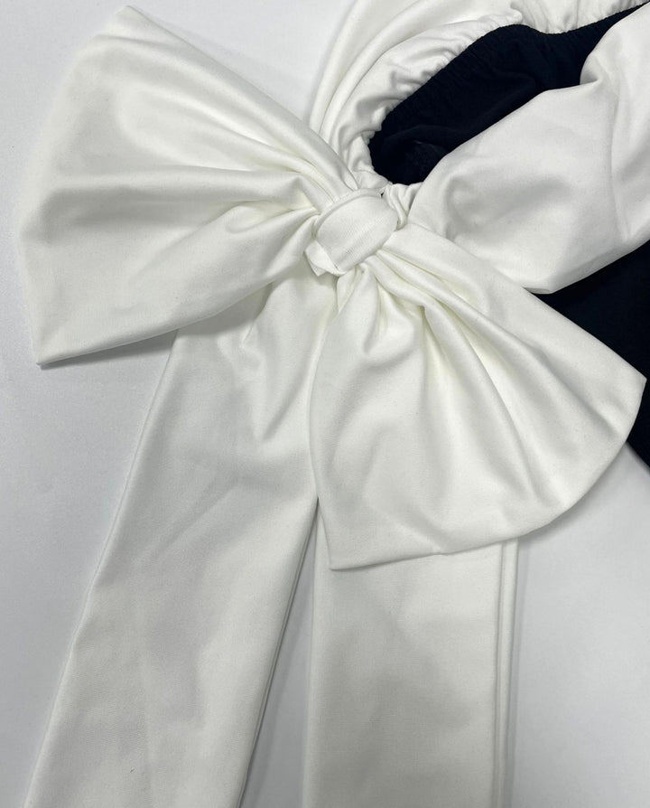 Black Colorblock Off-Shoulder Bow Tie Bodycon Midi Dress