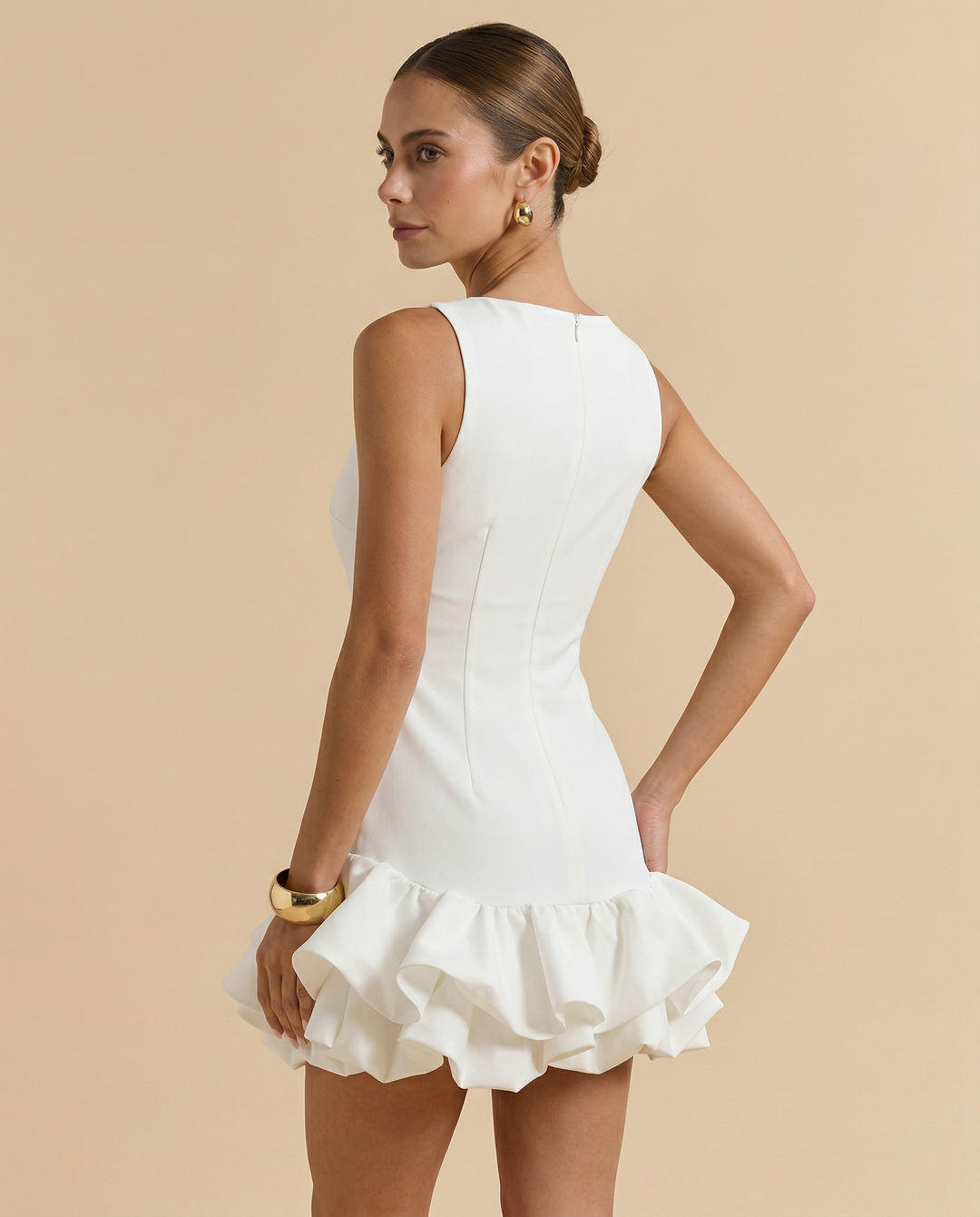 SOLACE  White Sleeveless Boat Neck Fitted Body Ruffle Hem Mini Dress 