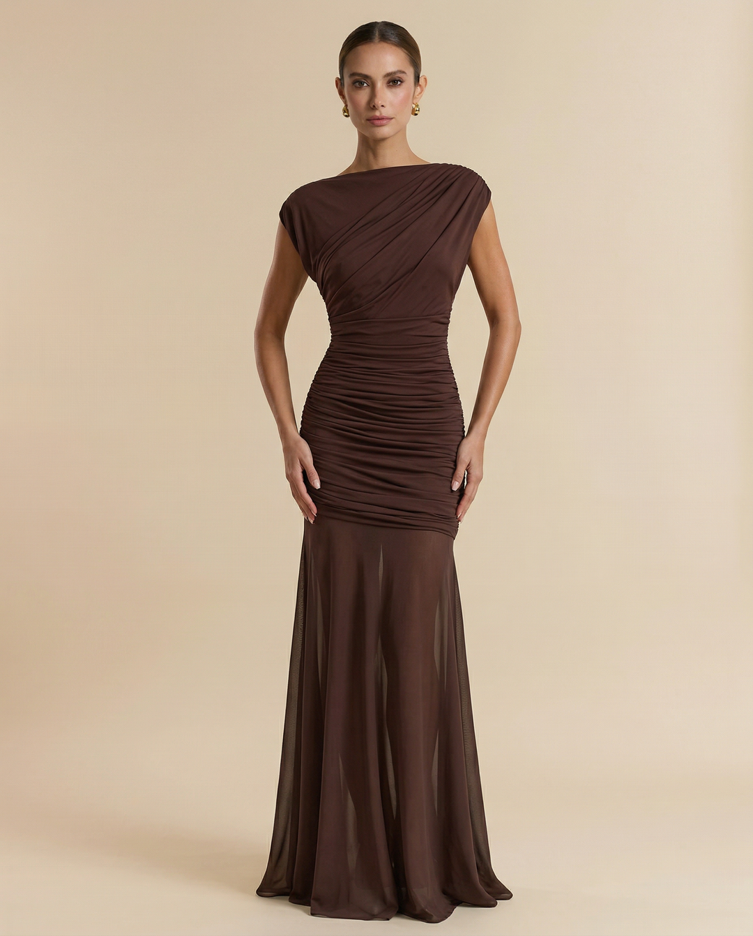 SOLACE  Chocolate Brown Boat Neck Ruched Waist Sheer Mesh Mermaid Maxi Dress 