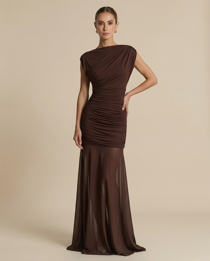 SOLACE  Chocolate Brown Boat Neck Ruched Waist Sheer Mesh Mermaid Maxi Dress 