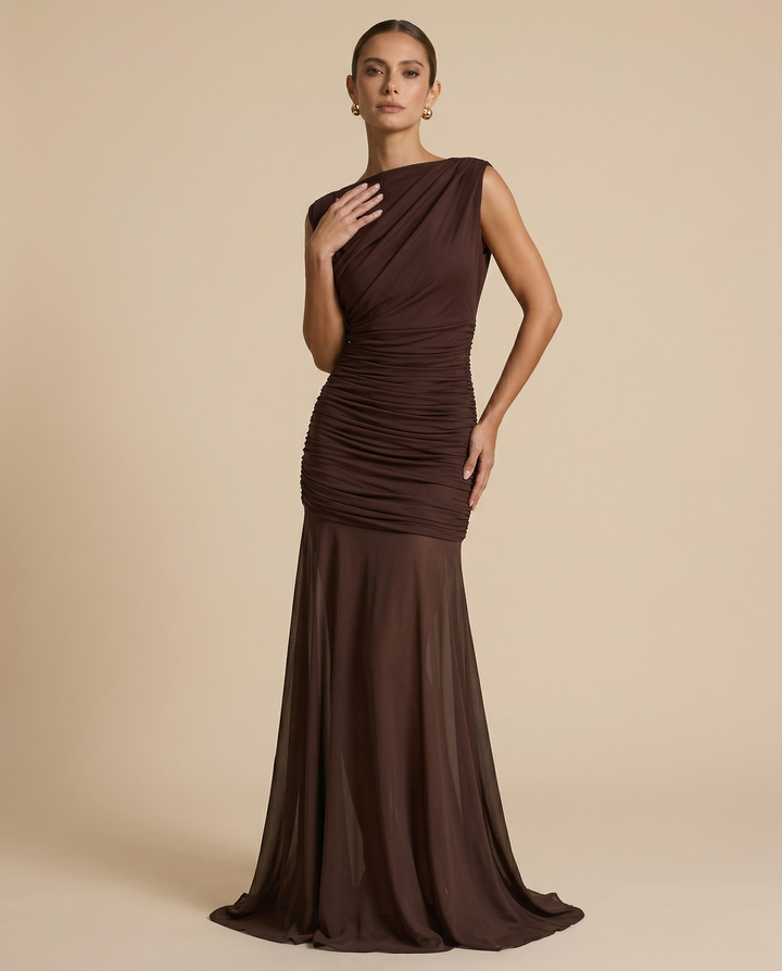 SOLACE  Chocolate Brown Boat Neck Ruched Waist Sheer Mesh Mermaid Maxi Dress 