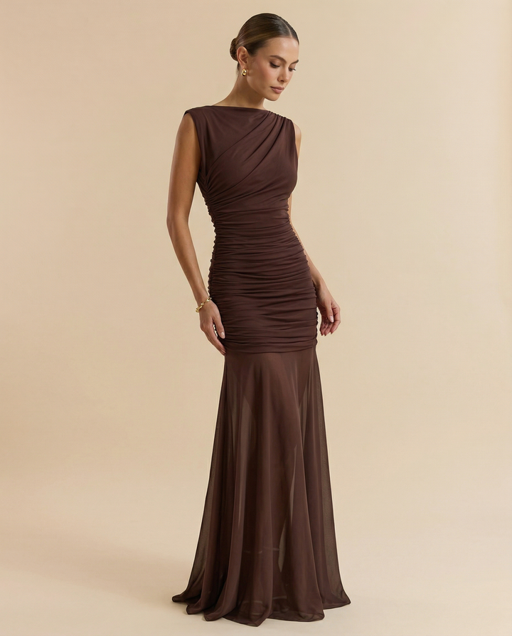 SOLACE  Chocolate Brown Boat Neck Ruched Waist Sheer Mesh Mermaid Maxi Dress 