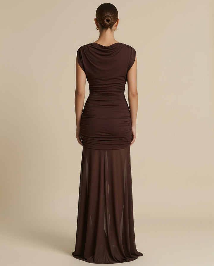SOLACE  Chocolate Brown Boat Neck Ruched Waist Sheer Mesh Mermaid Maxi Dress 
