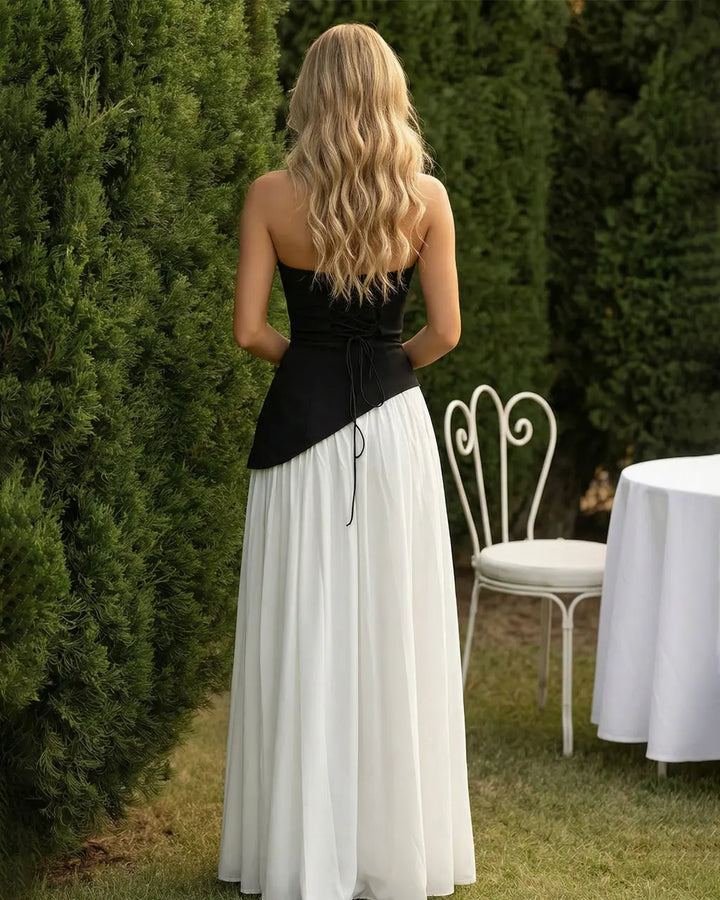 Black White Halter Neck Asymmetrical High Slit Maxi Dress SOLACE