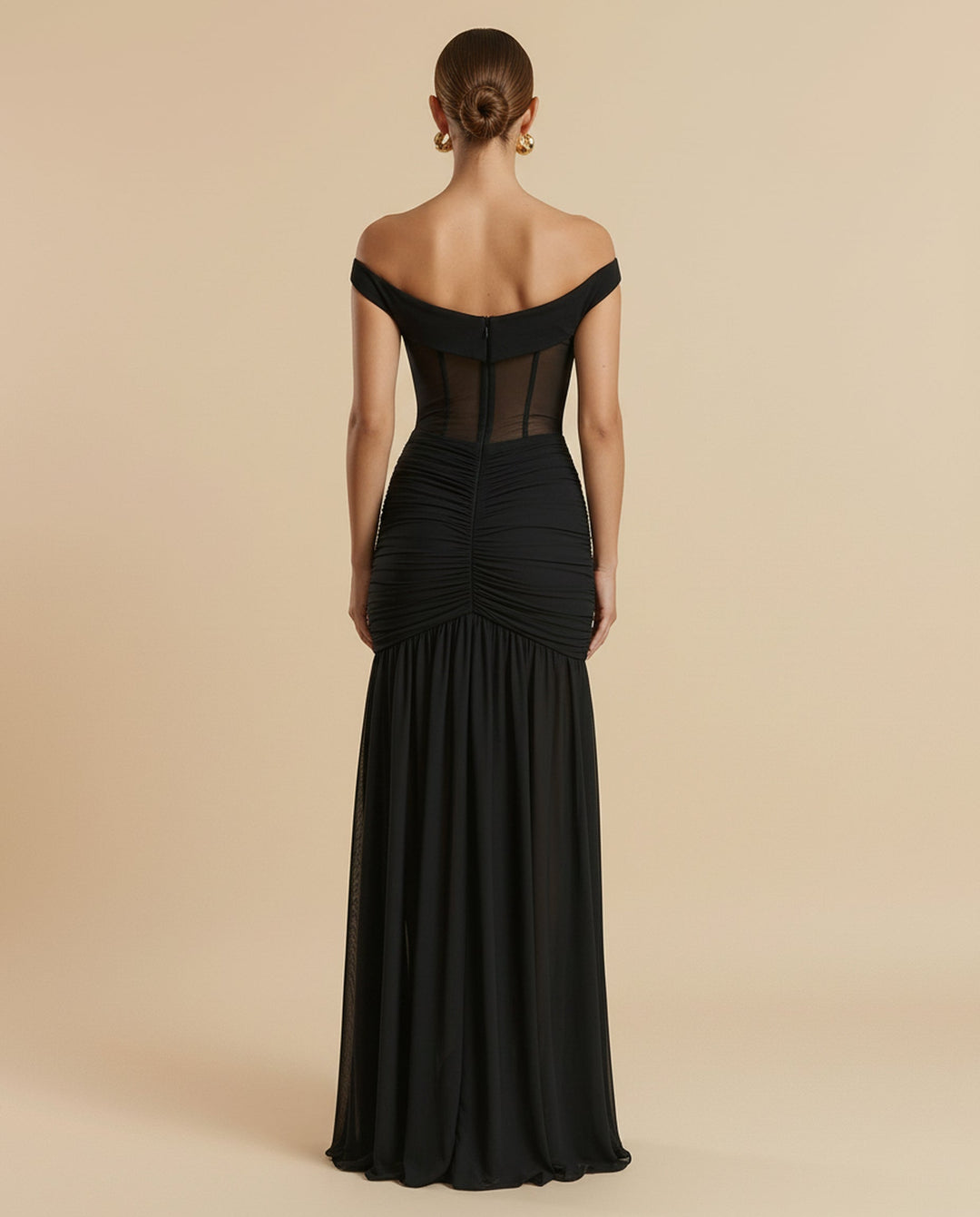 SOLACE  Black High Slit Off Shoulder Mesh Panel Ruched Bodycon Maxi Dress 