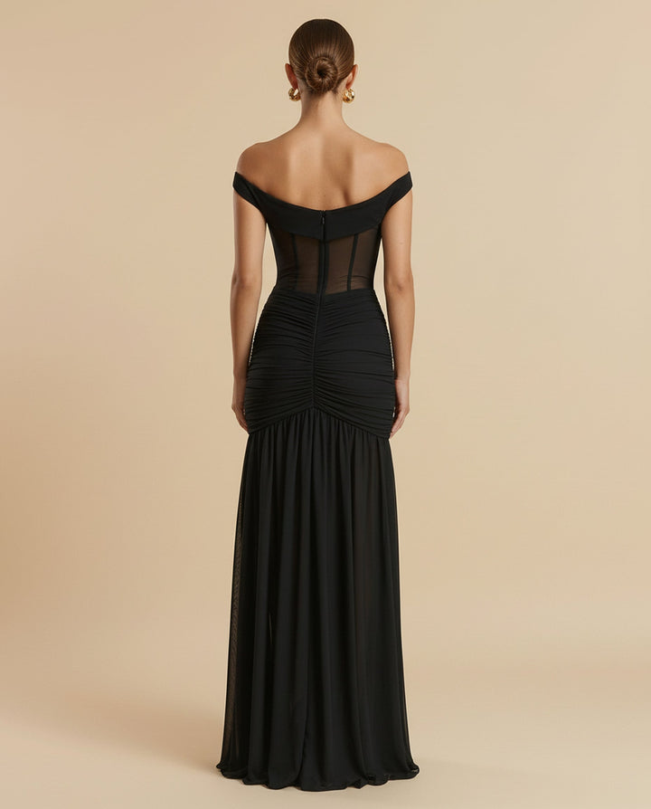 SOLACE  Black High Slit Off Shoulder Mesh Panel Ruched Bodycon Maxi Dress 