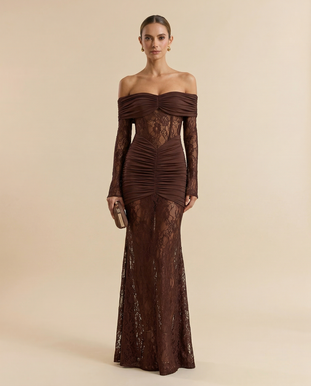 SOLACE  Chocolate Brown Off Shoulder Lace Long Sleeve Ruched Mermaid Maxi Dress 