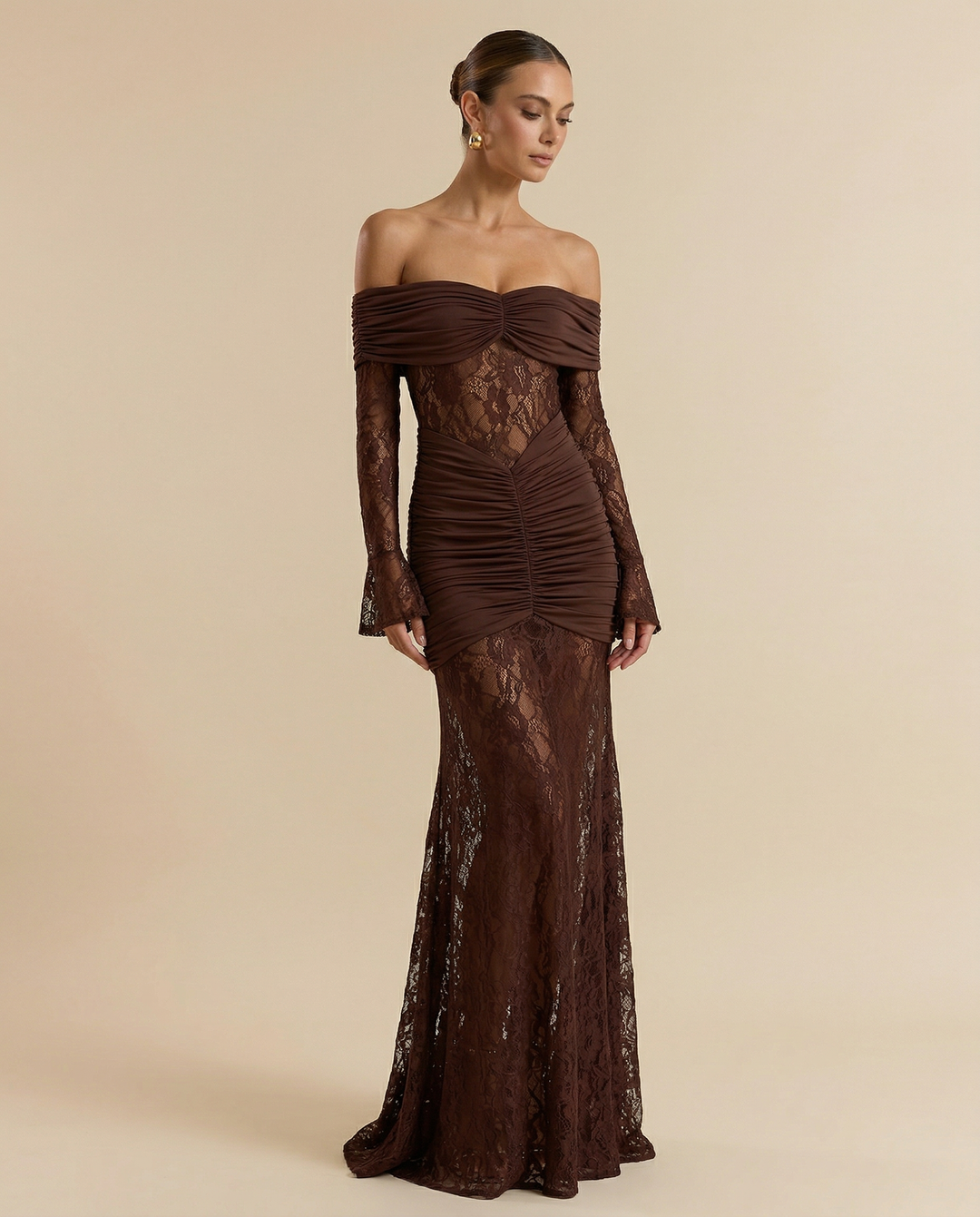 SOLACE  Chocolate Brown Off Shoulder Lace Long Sleeve Ruched Mermaid Maxi Dress 
