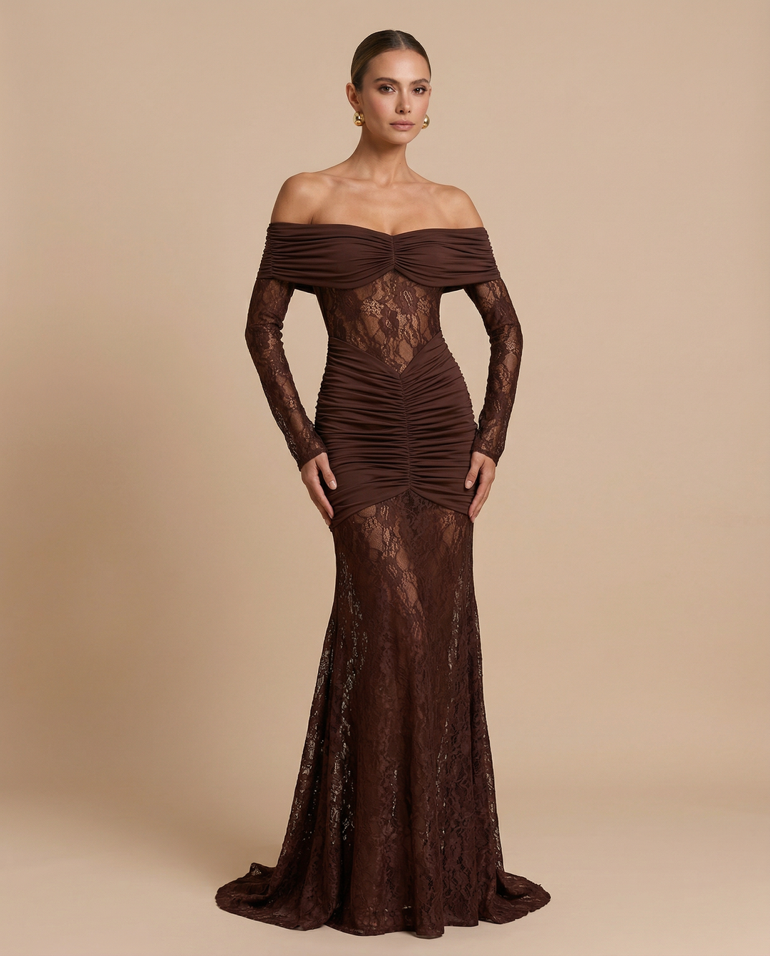 SOLACE  Chocolate Brown Off Shoulder Lace Long Sleeve Ruched Mermaid Maxi Dress 