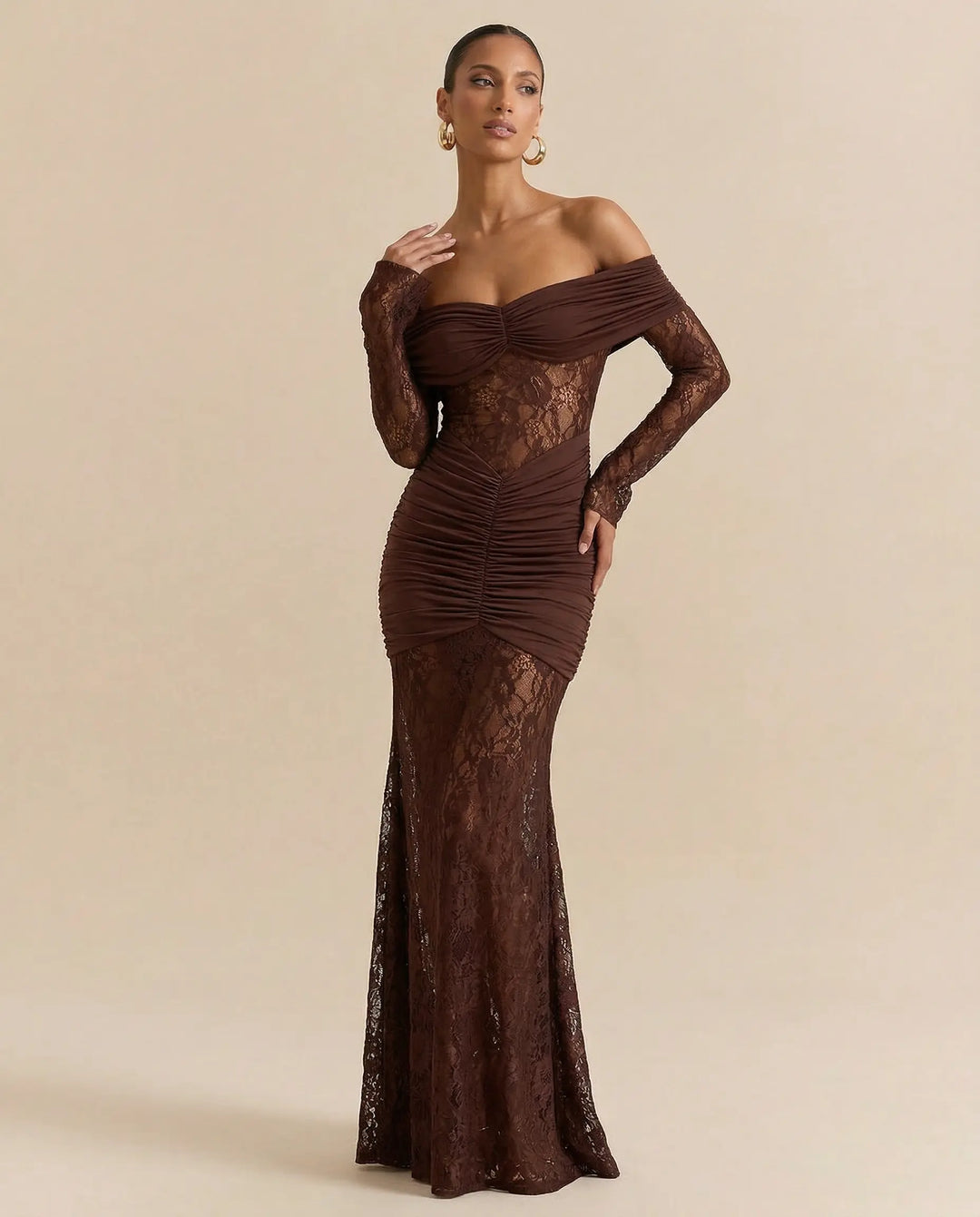 Chocolate Brown Off Shoulder Lace Long Sleeve Ruched Mermaid Maxi Dress