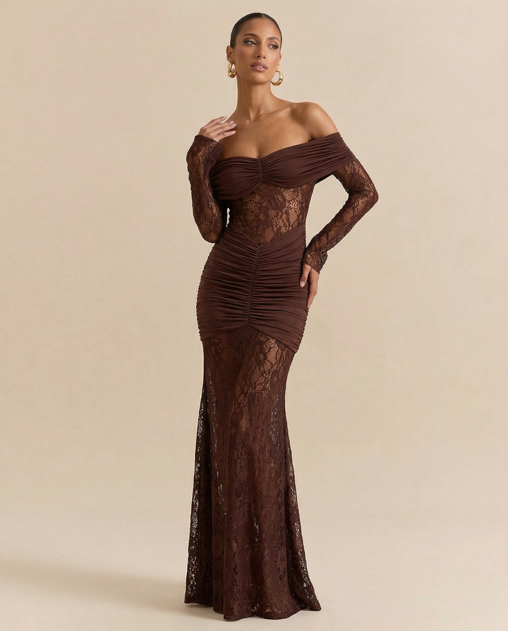 SOLACE  Chocolate Brown Off Shoulder Lace Long Sleeve Ruched Mermaid Maxi Dress 