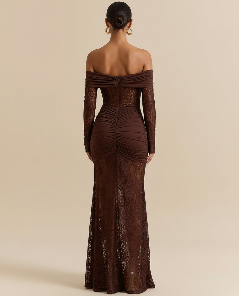 SOLACE  Chocolate Brown Off Shoulder Lace Long Sleeve Ruched Mermaid Maxi Dress 