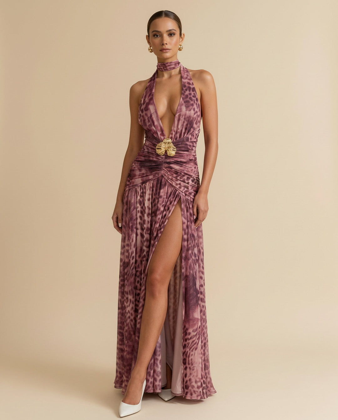 SOLACE  Burgundy Gold Hardware Leopard Print Chiffon Slim Fit Maxi Dress 
