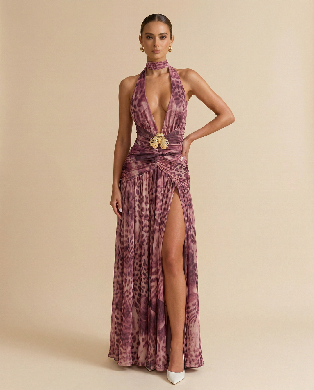 SOLACE  Burgundy Gold Hardware Leopard Print Chiffon Slim Fit Maxi Dress 