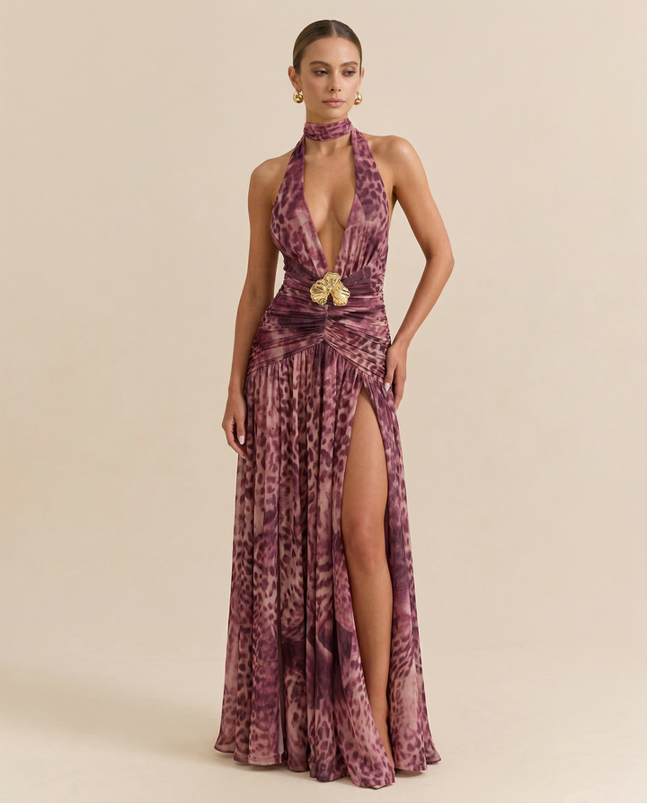 SOLACE  Burgundy Gold Hardware Leopard Print Chiffon Slim Fit Maxi Dress 