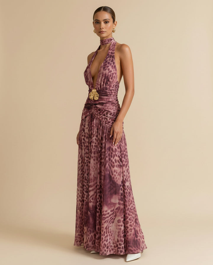 SOLACE  Burgundy Gold Hardware Leopard Print Chiffon Slim Fit Maxi Dress 