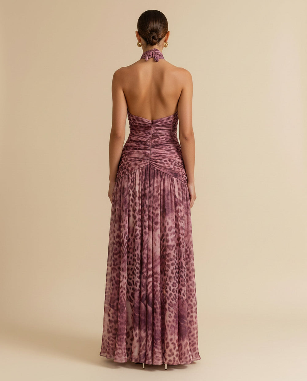 SOLACE  Burgundy Gold Hardware Leopard Print Chiffon Slim Fit Maxi Dress 