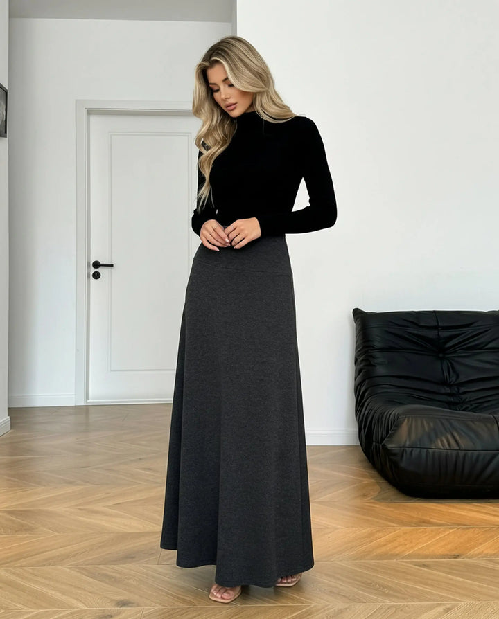 SOLACE  Dark Gray Solid Color High Waist Maxi Skirt 