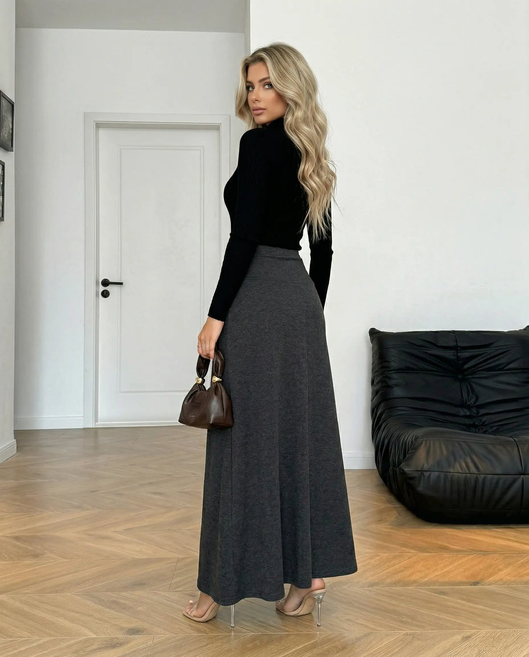 SOLACE  Dark Gray Solid Color High Waist Maxi Skirt 