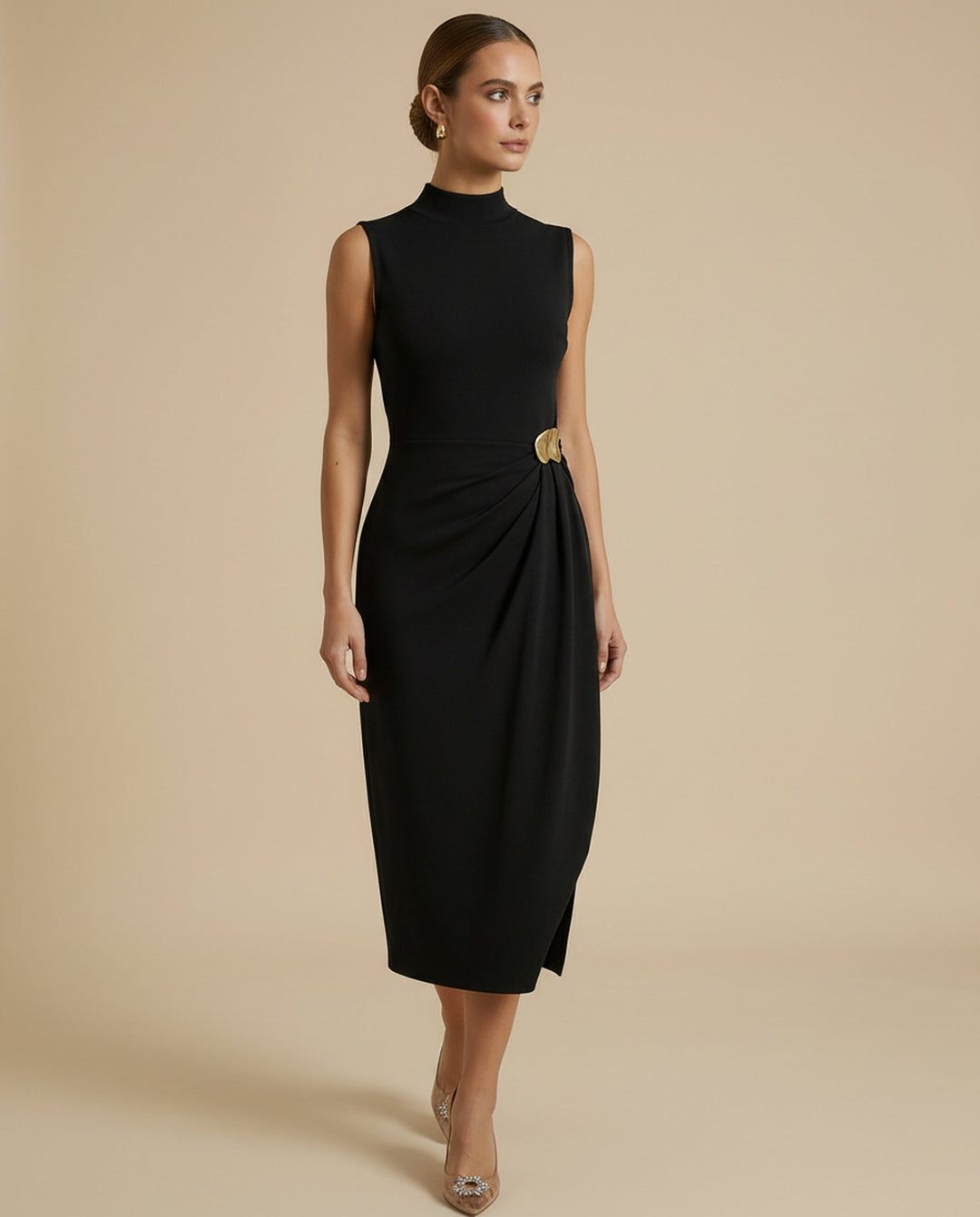 SOLACE  Black Gold Hardware Detail Knit Slim Fit Midi Dress 