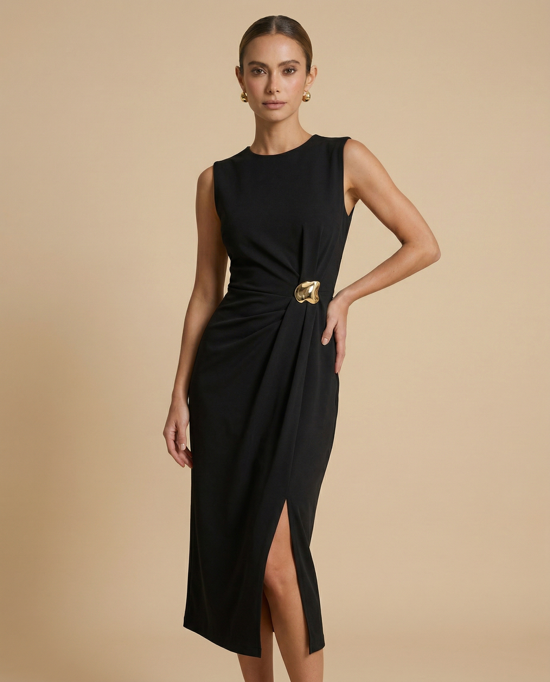SOLACE  Black Gold Hardware Detail Knit Slim Fit Midi Dress 