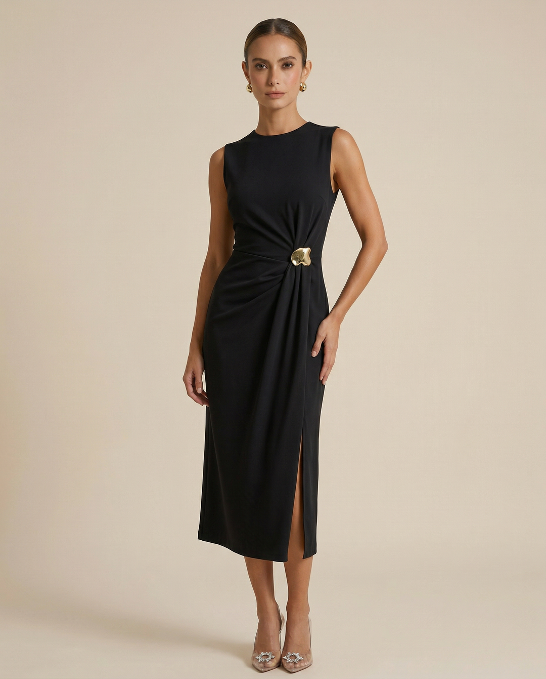 SOLACE  Black Gold Hardware Detail Knit Slim Fit Midi Dress 