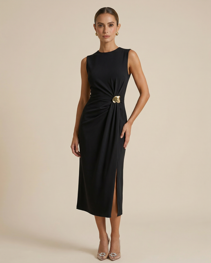 SOLACE  Black Gold Hardware Detail Knit Slim Fit Midi Dress 