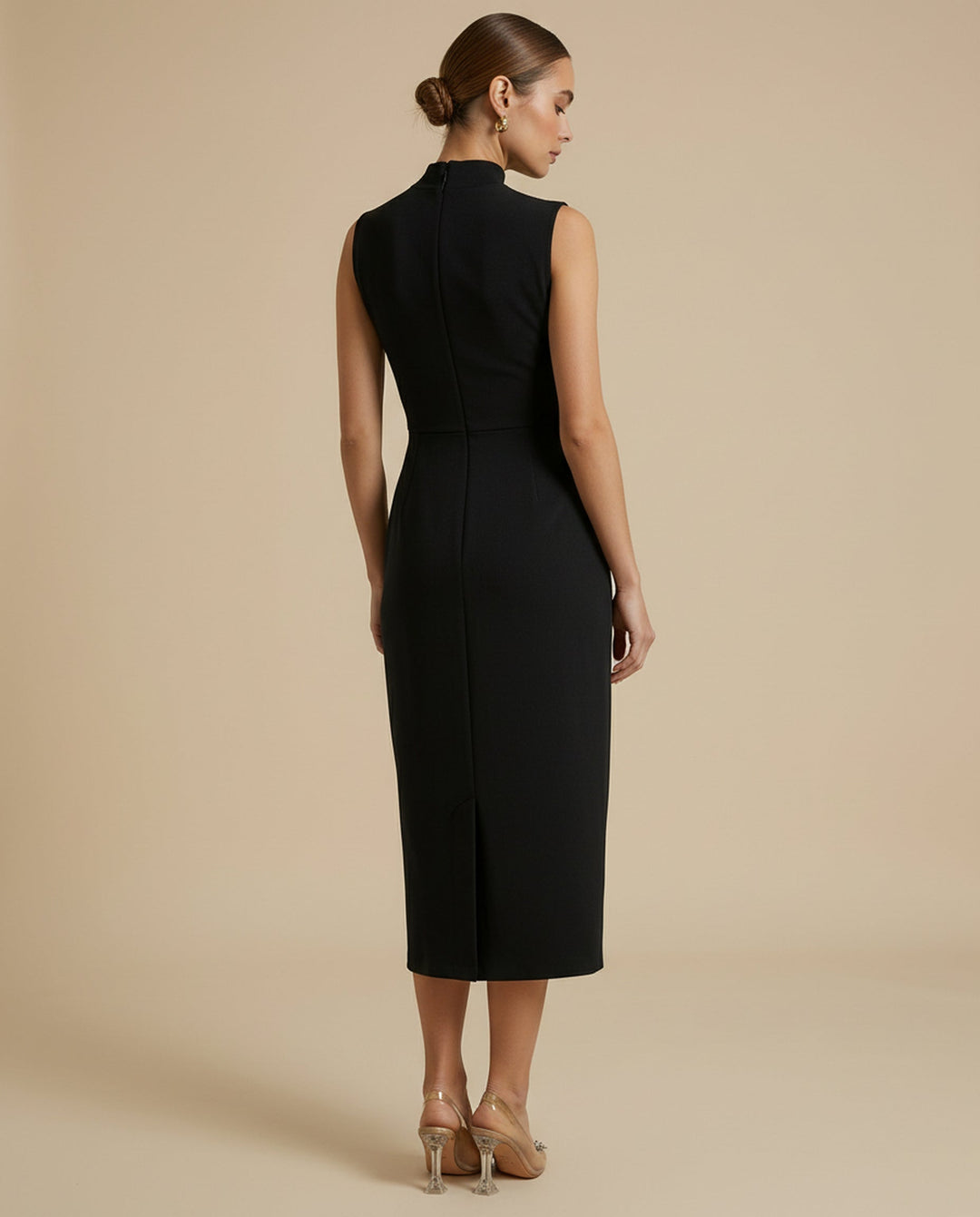 SOLACE  Black Gold Hardware Detail Knit Slim Fit Midi Dress 