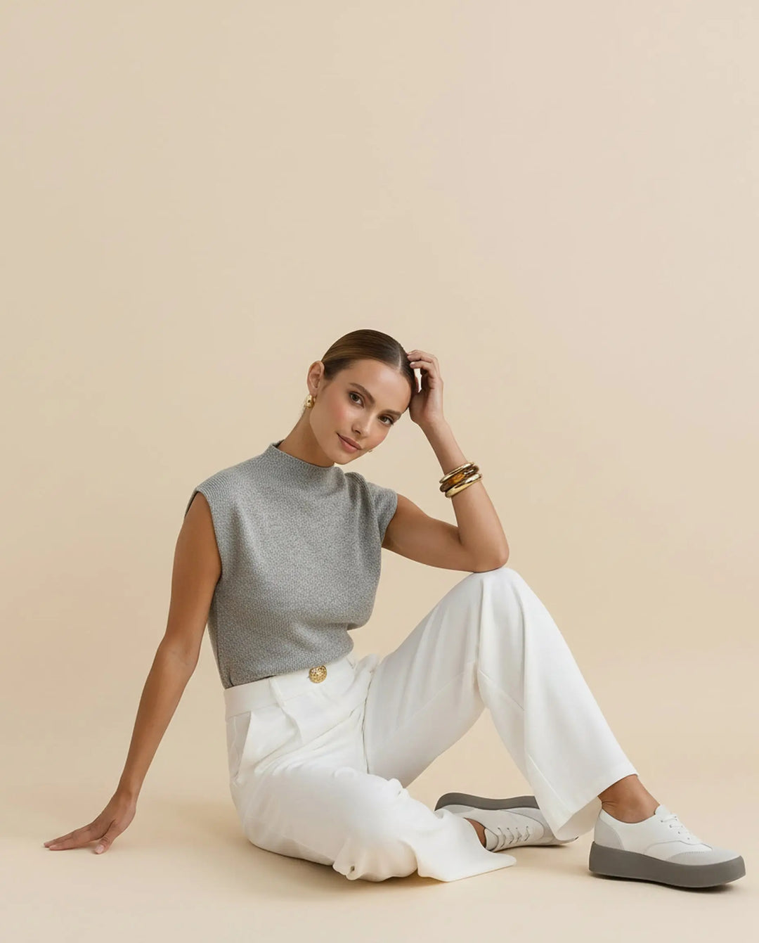 SOLACE  White High Waist Pleated Wide Leg Long Pants 