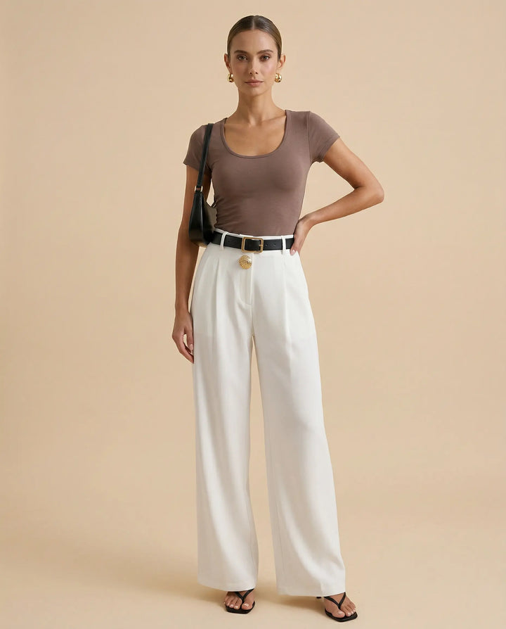 SOLACE  White High Waist Pleated Wide Leg Long Pants 