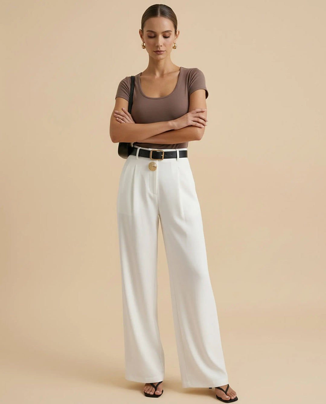 SOLACE  White High Waist Pleated Wide Leg Long Pants 