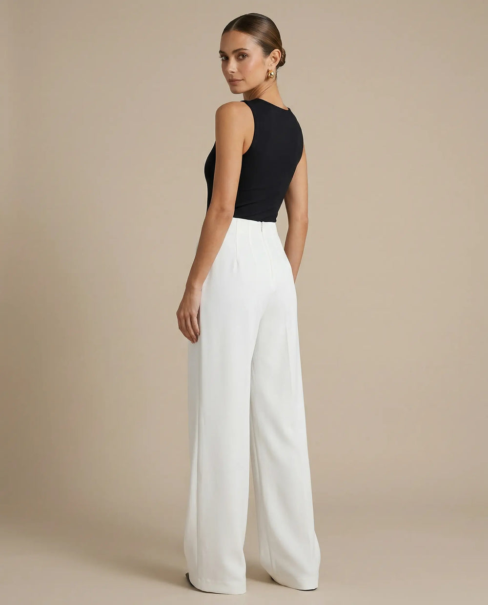 SOLACE  White High Waist Pleated Wide Leg Long Pants 