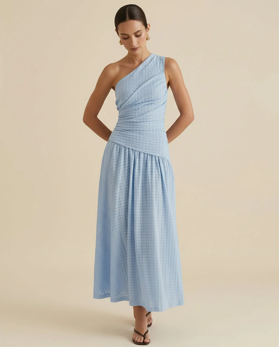 SOLACE  Light Blue Textured One-Shoulder A-Line Maxi Dress 