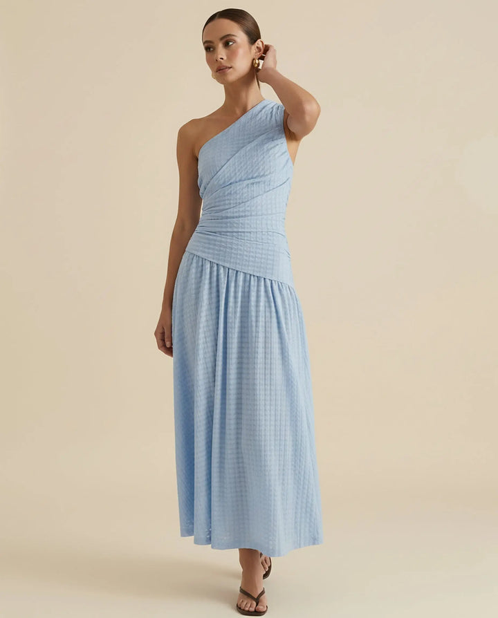 SOLACE  Light Blue Textured One-Shoulder A-Line Maxi Dress 