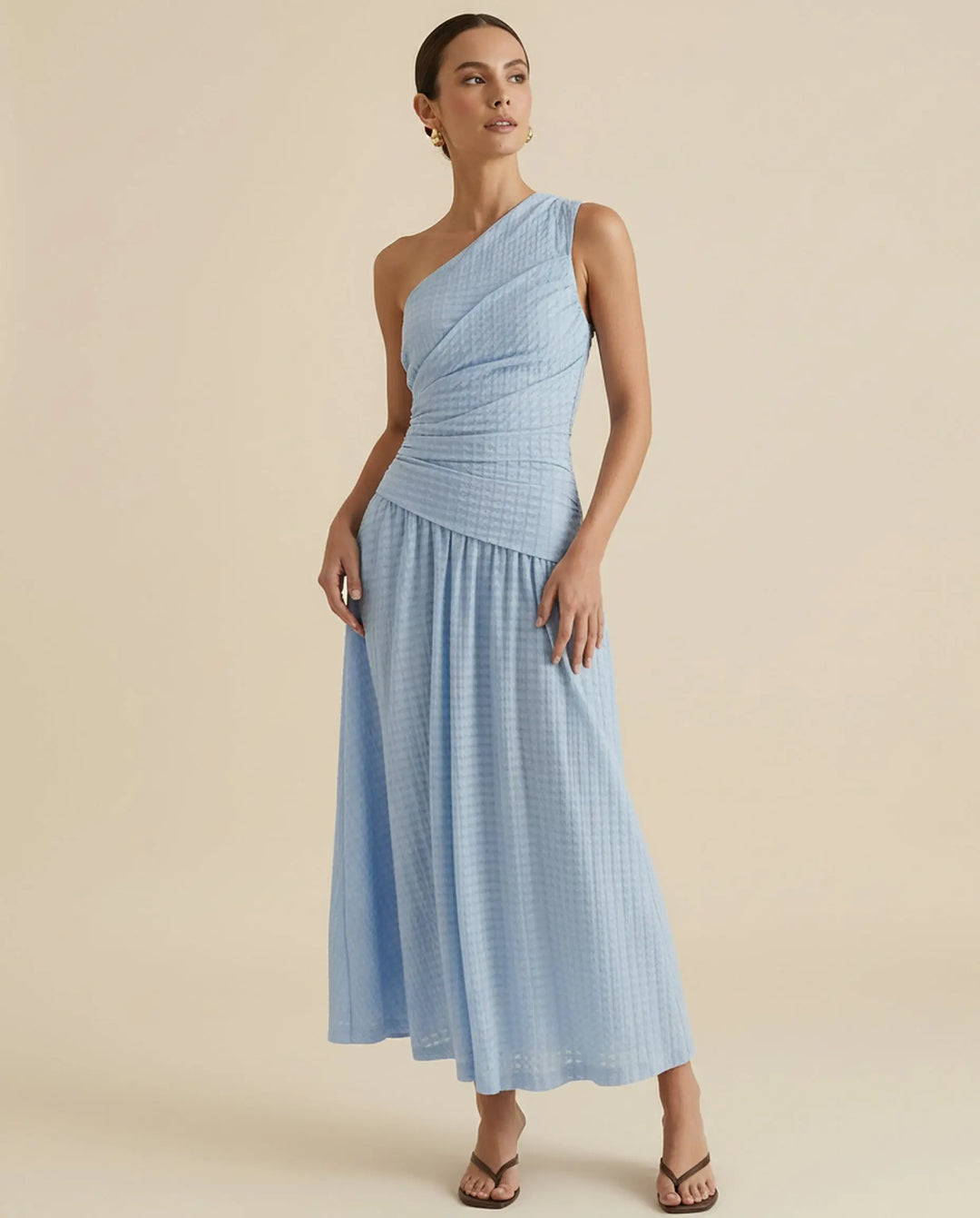 SOLACE  Light Blue Textured One-Shoulder A-Line Maxi Dress 