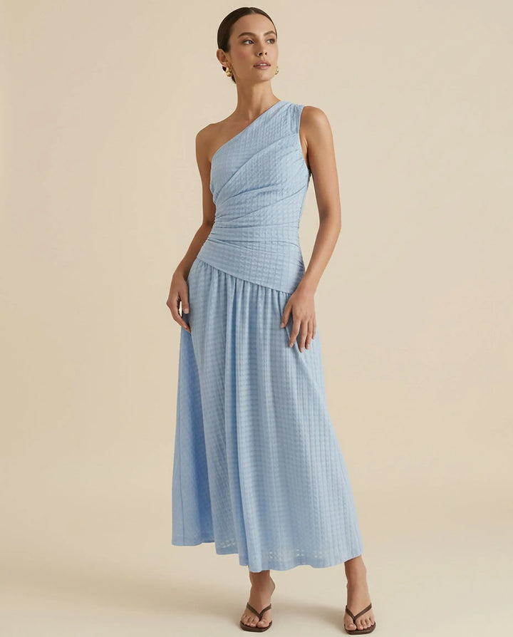 SOLACE  Light Blue Textured One-Shoulder A-Line Maxi Dress 
