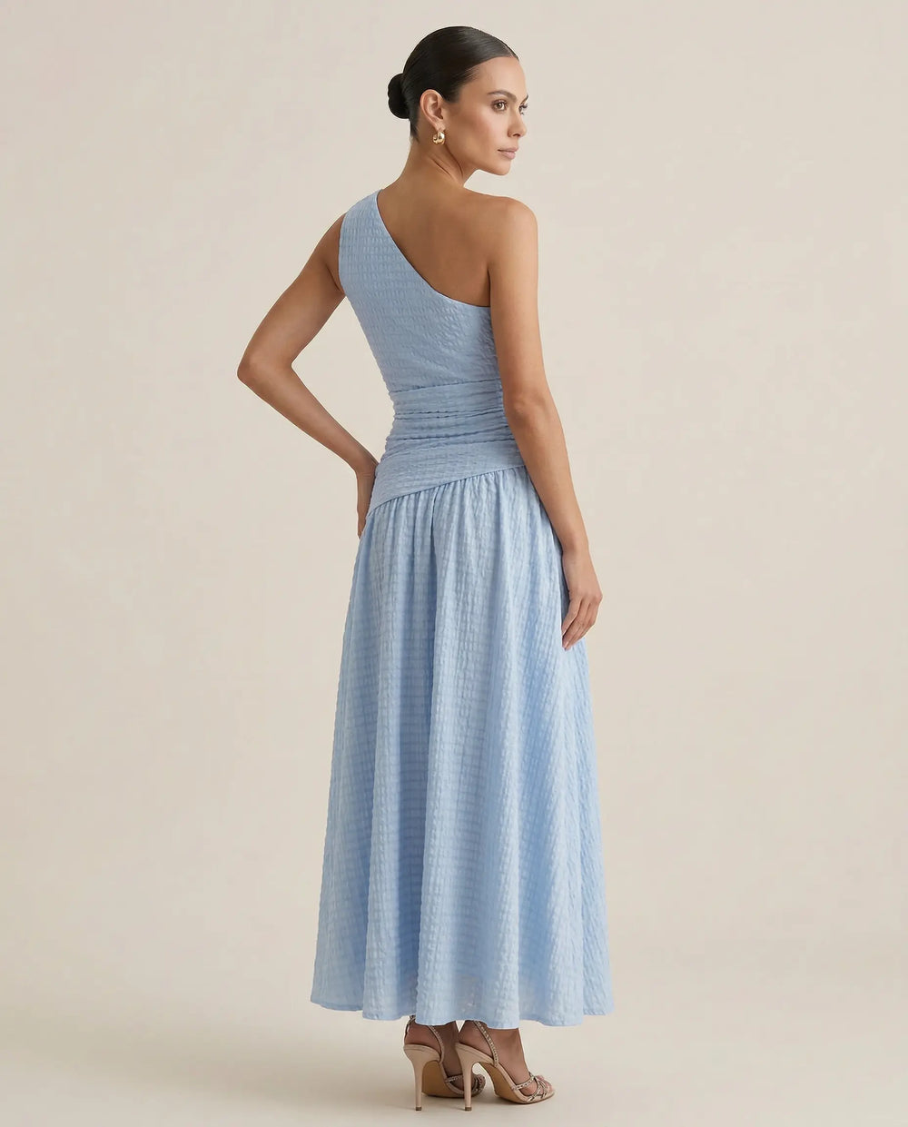 SOLACE  Light Blue Textured One-Shoulder A-Line Maxi Dress 