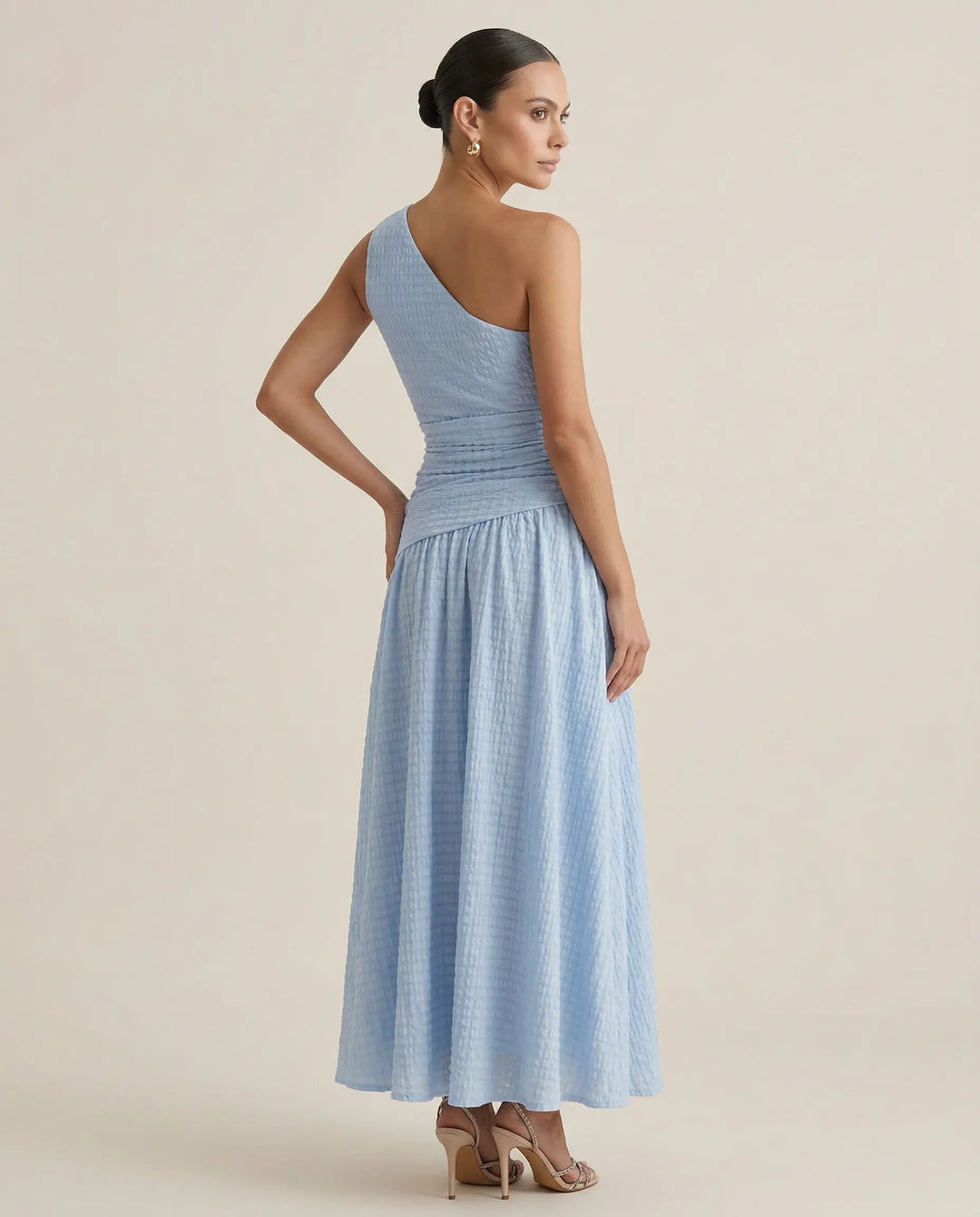 SOLACE  Light Blue Textured One-Shoulder A-Line Maxi Dress 
