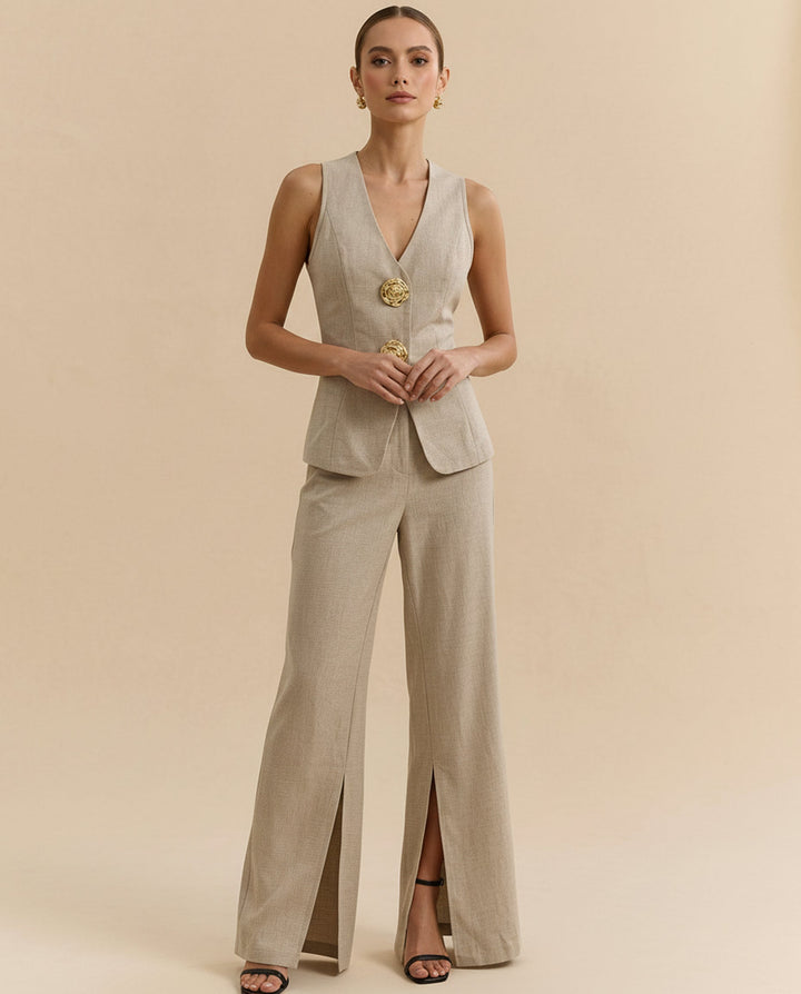 SOLACE  Beige Linen V-Neck Rose Button Waistcoat High Waist Split Hem Wide Leg Pants Set 