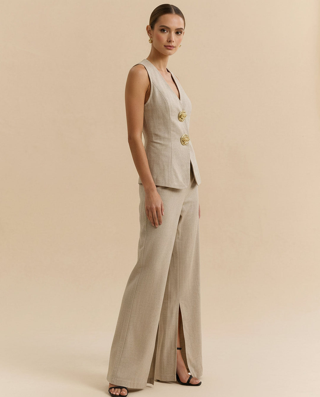 SOLACE  Beige Linen V-Neck Rose Button Waistcoat High Waist Split Hem Wide Leg Pants Set 