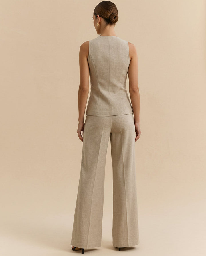 SOLACE  Beige Linen V-Neck Rose Button Waistcoat High Waist Split Hem Wide Leg Pants Set 
