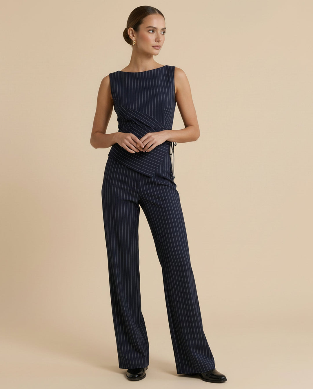 SOLACE  Navy Blue Pinstripe Sleeveless Boat Neck Wrap Top High Waist Wide Leg Pants Set 