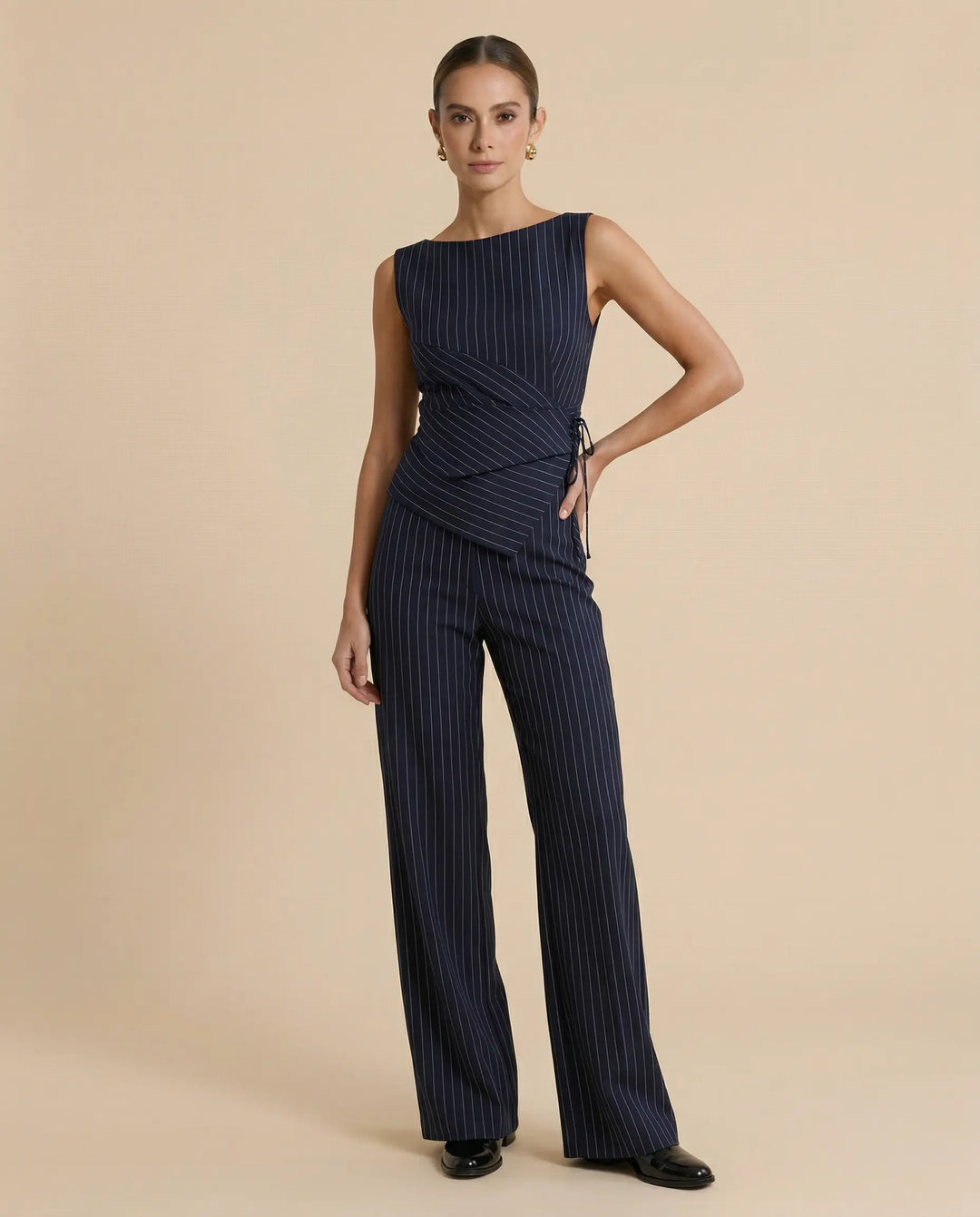 Navy Blue Pinstripe Sleeveless Boat Neck Wrap Top High Waist Wide Leg Pants Set - SOLACE