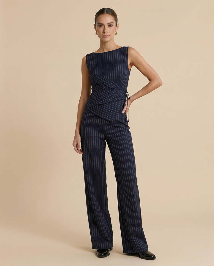 SOLACE  Navy Blue Pinstripe Sleeveless Boat Neck Wrap Top High Waist Wide Leg Pants Set 