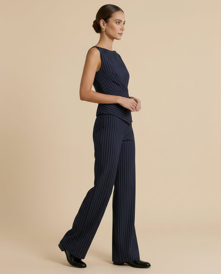SOLACE  Navy Blue Pinstripe Sleeveless Boat Neck Wrap Top High Waist Wide Leg Pants Set 