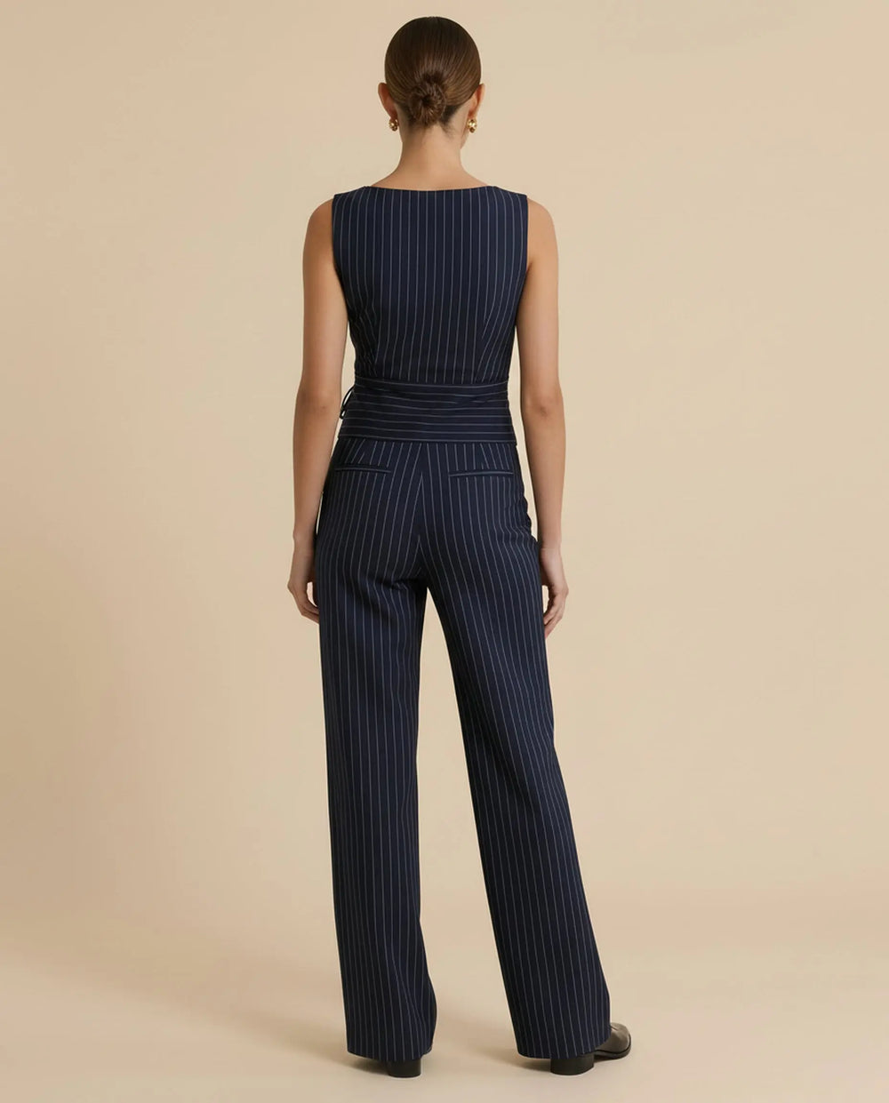 Navy Blue Pinstripe Sleeveless Boat Neck Wrap Top High Waist Wide Leg Pants Set - SOLACE
