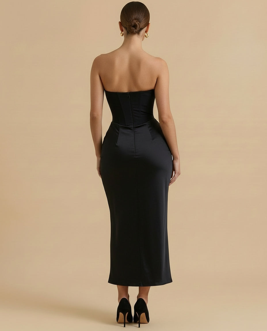 SOLACE  Black Corset Ruched Satin Slim Fit Strapless Midi Dress 