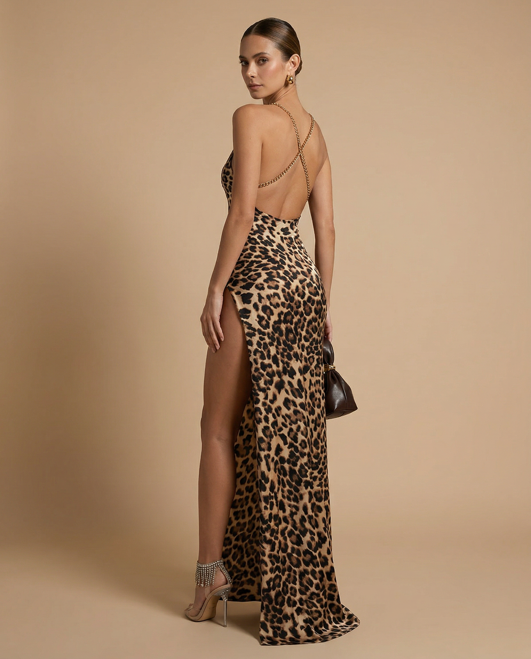 SOLACE  Leopard Print High Slit Cowl Neck Satin Bodycon Maxi Dress 